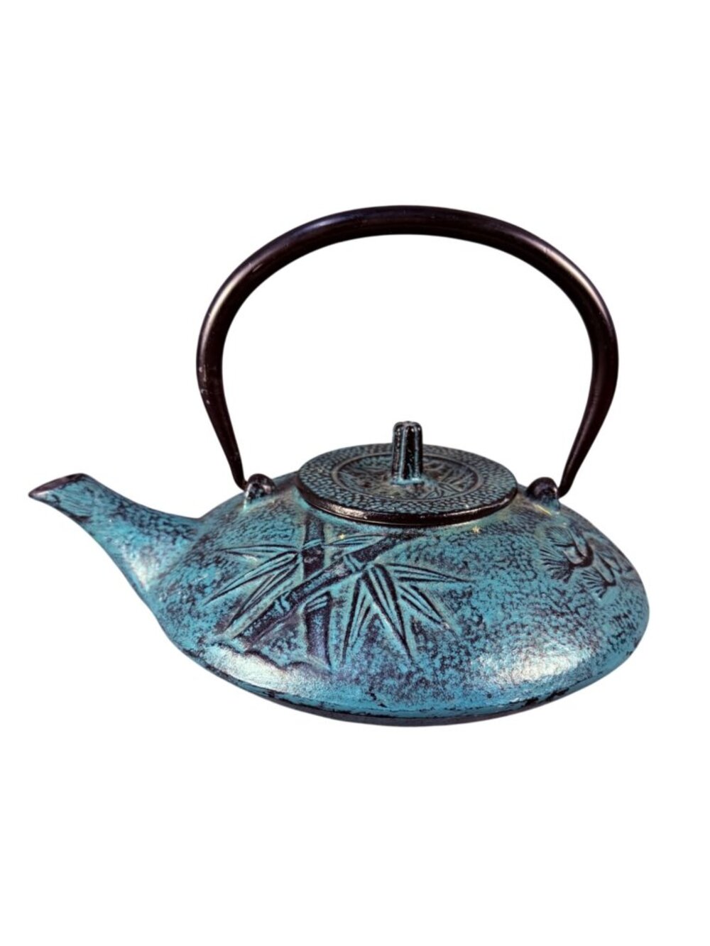 Cast Iron Teapot With Bamboo & Butterfly Design - 7.5" Wide - Blue & Black - Dec